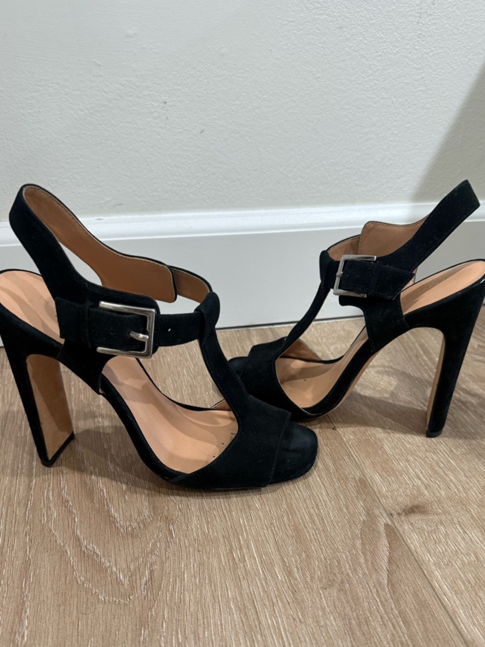 Halston Heritage Black Suede T-Strap High Heel Sandals